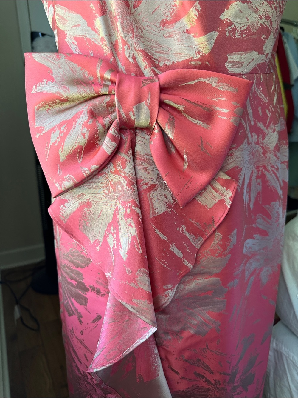 Rickie Freeman Teri Jon Pink Metallic Jacquard Bow Wedding Guest Dress 14 - Picture 6 of 12